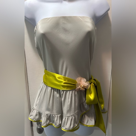 FOLEY Silk Gray Silver & Yellow Green Ruffle Tube Top Size Medium NWT $246 - Picture 2 of 7